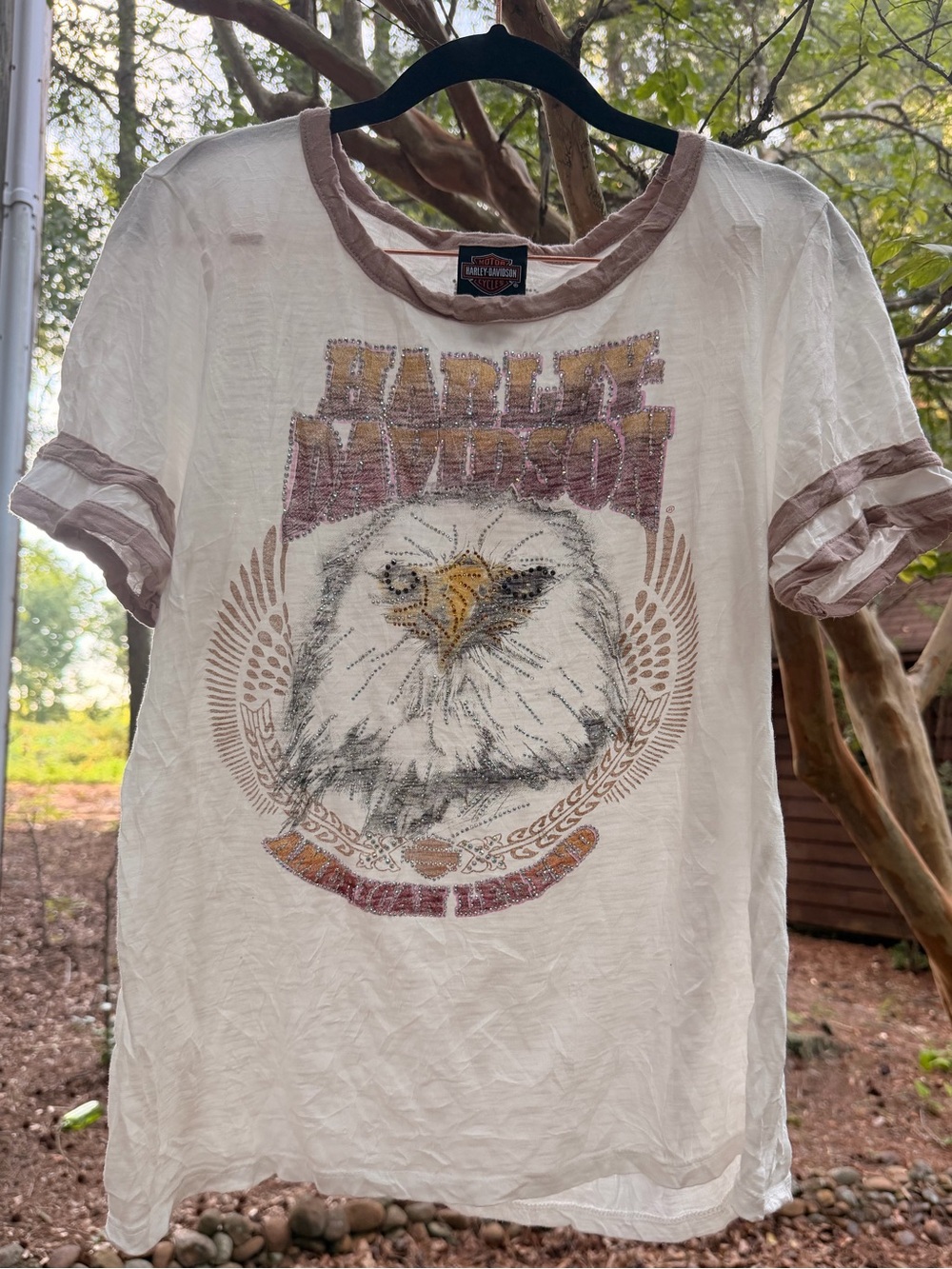 Y2K Rhinestoned Harley-Davidson Ringer T-Shirt Eagle Graphic Zion, Utah